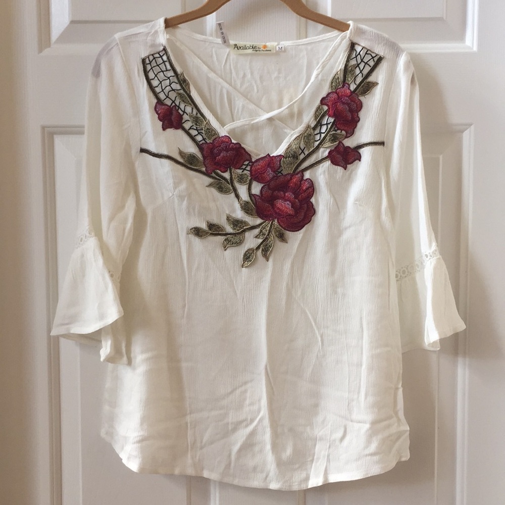 Ivory Blouse with Floral Embroidery.